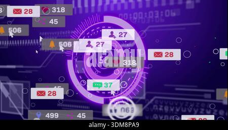 Glowing central circular HUD pulsing with rings in neon UI, showing notification badges Stock Photo