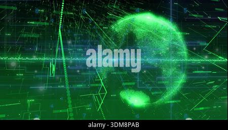Rotating green particle globe emitting trails in virtual 3D data space, with grid planes Stock Photo