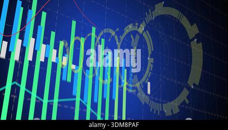 Displaying data display centered on monitor, showing cyan bars, HUD rings, red teal lines Stock Photo