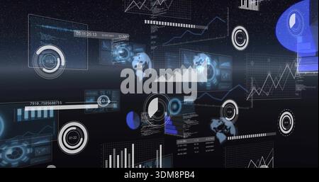 Projecting cluster of holographic dashboard elements floating in dark virtual space, with gauges Stock Photo