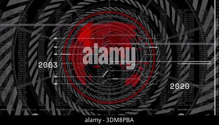 Displaying central red globe pulsing rings in HUD, showing connector lines, code columns, 2003 2020 Stock Photo