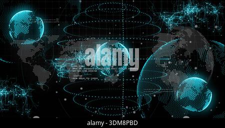 Rotating holographic globe on right side within cyber UI with map rings node graphs, copy space Stock Photo