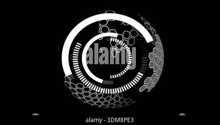 Displaying futuristic HUD interface rotating on black void, showing concentric rings and hex tiles Stock Photo