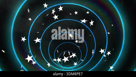 Rotating concentric neon-blue rings creating tunnel in digital space, with white stars Stock Photo