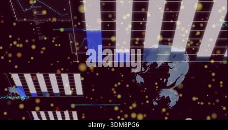Displaying abstract dashboard in maroon data space, showing vertical bar charts and globe Stock Photo