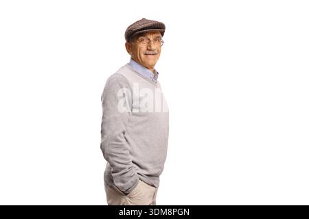 Smiling senior man in profile wearing glasses and cap isolated on white background Stock Photo