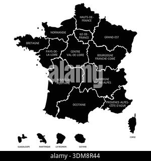 Black map of France divided into regions with islands Stock Vector