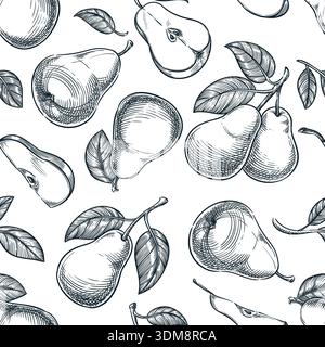 Farm fresh pears seamless pattern. Vector hand drawn sketch illustration of fruits harvest. Label package background. Wrapping paper, textile print de Stock Vector