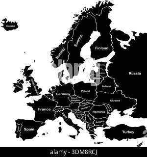 Silhouette of Map of Europe with Names on white background Stock Vector