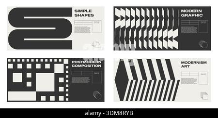 Distorted brutalist figure set. Optical curve geometry and psychedelic glass refraction. Modern black and white banner composition. Acid zoom gradation, rhythm and y2k visual transition. Stock Vector