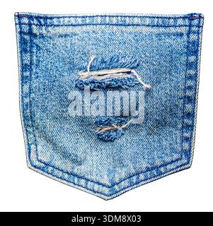 Blue denim pocket featuring worn texture and distressed holes, perfect for fashion concepts Stock Photo