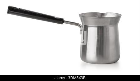 Stainless steel cezve, an ibrik coffee pot, with a black handle on transparent background Stock Photo