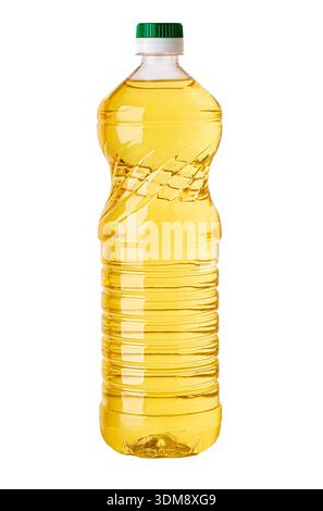 Yellow liquid cooking oil in a plastic bottle, isolated on transparent background Stock Photo