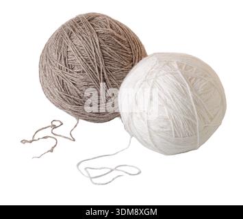 Two balls of wool yarn in white and brown colors on transparent background Stock Photo