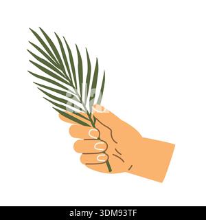 hand holding palm leaf as a symbol of Easter and Palm Sunday, religious tradition and spring celebration concept, Christian holiday - vector illustrat Stock Vector