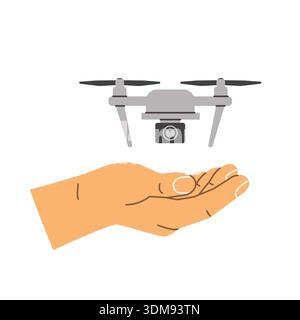 hand with drone as a symbol of modern technology, aerial photography and innovation, remote control device concept, tech, media and future themes - ve Stock Vector