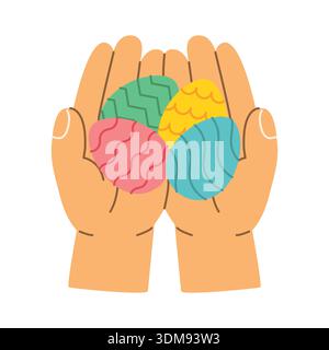 open hands holding colorful Easter eggs as a symbol of spring celebration, joy and renewal, traditional holiday decoration and family festivity concep Stock Vector