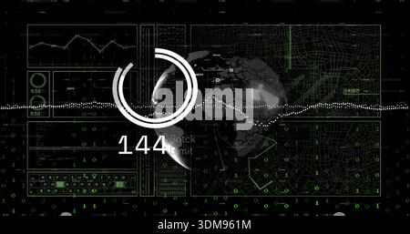 Displaying central HUD ring with dotted globe showing 144 and timeline on dashboard, binary digits Stock Photo