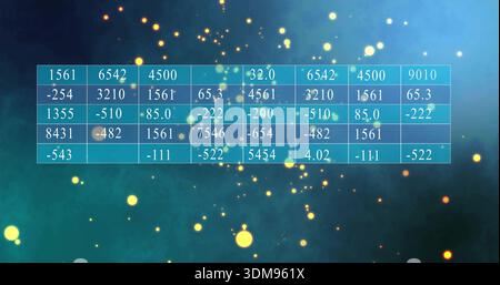 Displaying teal-blue grid panel floating over gradient backdrop with gold bokeh, showing numbers Stock Photo