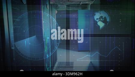 Glowing data center aisle featuring server racks and raised vented floor, displaying HUD overlays Stock Photo