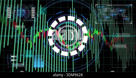 Animating central circular HUD showing rings on black grid, with green bars and candlestick trace Stock Photo