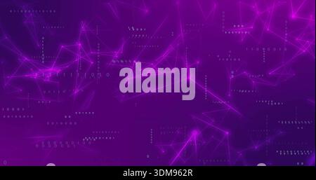 Pulsing glowing nodes forming triangular mesh on dark purple gradient, with binary digits Stock Photo