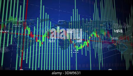 Displaying market chart over world map on dark-blue screen, showing green-red bars, candles Stock Photo