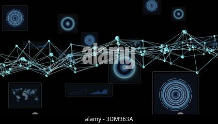 Displaying connected glowing-node network spanning middle of dark digital interface, with HUD rings Stock Photo