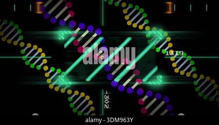 Glowing central stylized DNA-like ladder showing teal bars, grey rungs and colored nodes in HUD Stock Photo