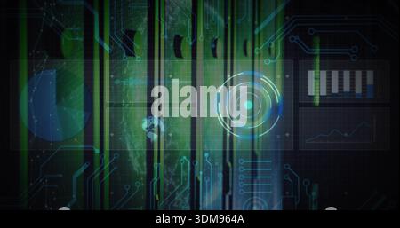 Glowing concentric HUD target centering on virtual dashboard, showing pie chart and circuit traces Stock Photo