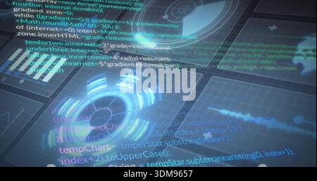 Displaying glowing concentric circular HUD pulsing over virtual grid workspace, showing code panels Stock Photo