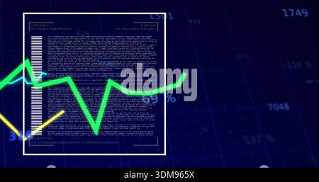 Displaying white framed data panel left on dark-blue grid, with neon green and yellow lines Stock Photo