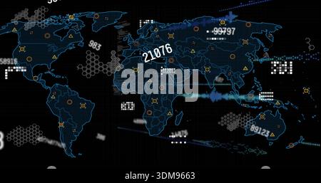 Displaying stylized global map on digital dashboard with numeric labels, hex clusters, node trails Stock Photo
