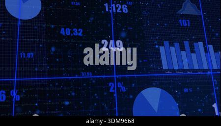 Displaying dashboard at center on dark screen, showing gridlines, crosshair, pie chart, readouts Stock Photo