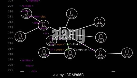 Displaying central hub avatar connecting radial nodes on dark code editor, with colorful HTML Stock Photo