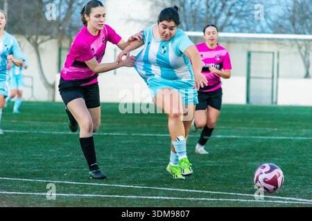 Two female soccer players actively competing for the ball on a green field Stock Photo