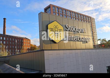 Bee Network branded “Stockport Interchange” sign on exterior of Stockport Interchange public transport hub,Stockport town centre,Greater Manchester Stock Photo