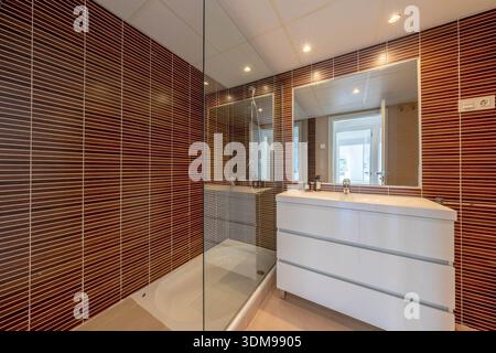 an image of a refurbished bathroom with large standing shower and red and brown wall tiles Stock Photo