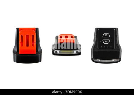 Compact black LED clip-on headlamps with red adjustable plastic mounts, isolated on white. Stock Photo