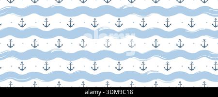 Seamless pattern with grunge curly lines. Hand drawn watercolor sea. Abstract girly backdrop with anchors. Vector illustration Stock Vector