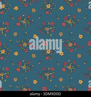 Ditsy floral seamless pattern on blue background. Hand drawn vintage backdrop with tiny flower bouquets. Cottage core sketchy blooms and leaves Stock Vector