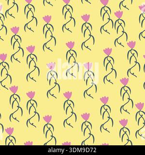 Seamless floral pattern with symmetrical layout of stylized pink flowers and dark green stems on light yellow background Stock Vector