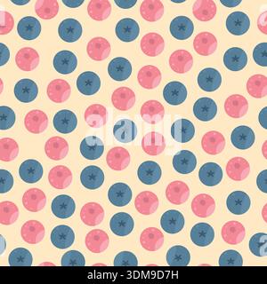 Seamless minimal berry pattern with pink and blue round fruits arranged diagonally on light beige background, playful modern design for textiles Stock Vector