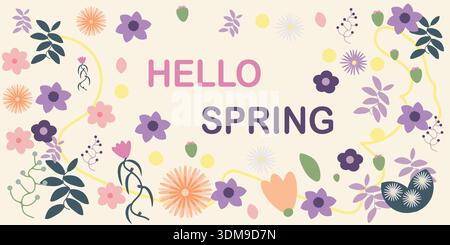 Bright spring illustration with colorful flowers and decorative leaves on a light background Stock Vector