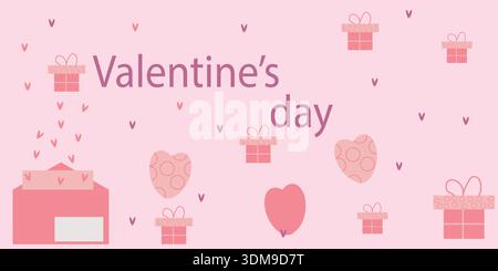 Valentine’s Day illustration on pink background with gift boxes, bows, hearts and envelope with flying hearts, elegant lettering for cards Stock Vector