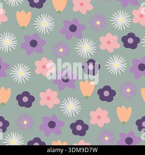Seamless floral pattern on muted green background with stylized pink, purple, white, light violet flowers and orange tulips Stock Vector