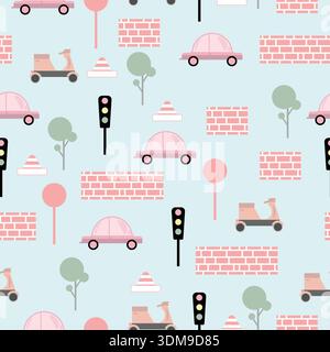 Seamless city pattern on light blue background with pink cars, beige scooters, traffic lights, trees, brick walls and road cones Stock Vector