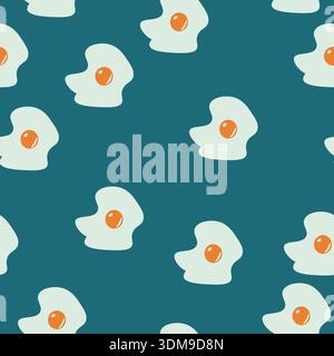 Seamless pattern with stylized fried eggs on turquoise background, glossy highlights on yolks, playful repeating design Stock Vector