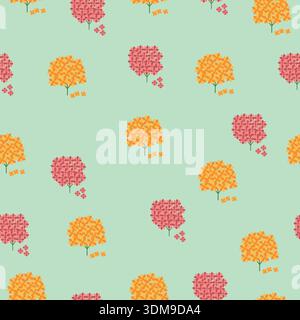 Seamless decorative pattern with floral trees made of blossoms in orange yellow and pink tones on mint background, creating soft symmetric design Stock Vector