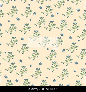 Seamless botanical pattern with blueberry branches, green leaves, blue berries and small flowers on light background Stock Vector